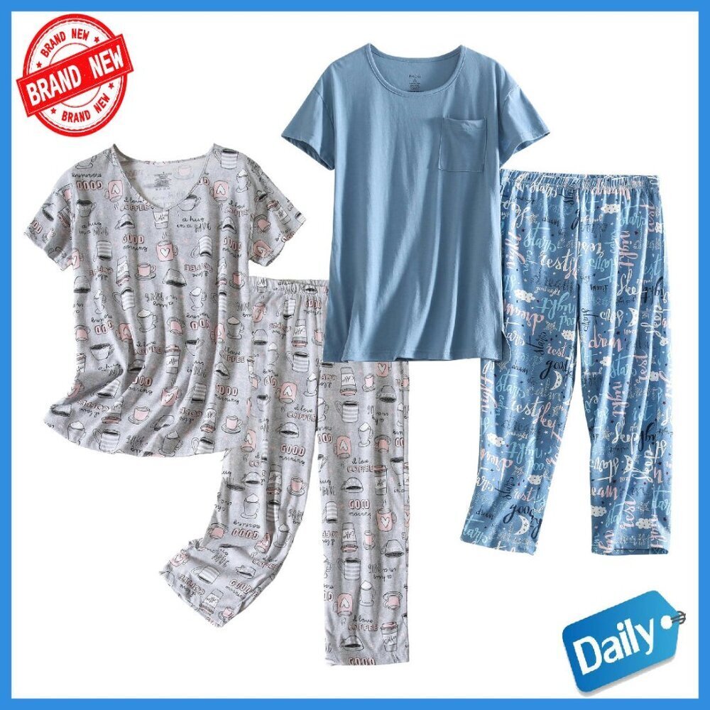 Cotton Pajama Set Short Sleeve Capri Pants Loungewear S-3XL - Picture 1 of 8
